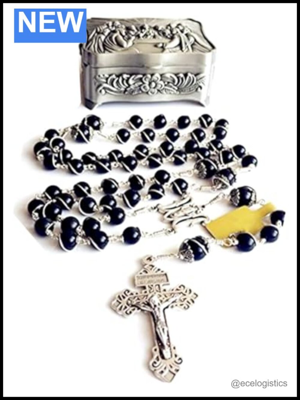 Handmade Silver Wire-Wrapped Black Obsidian Rosary Cross Catholic Necklace